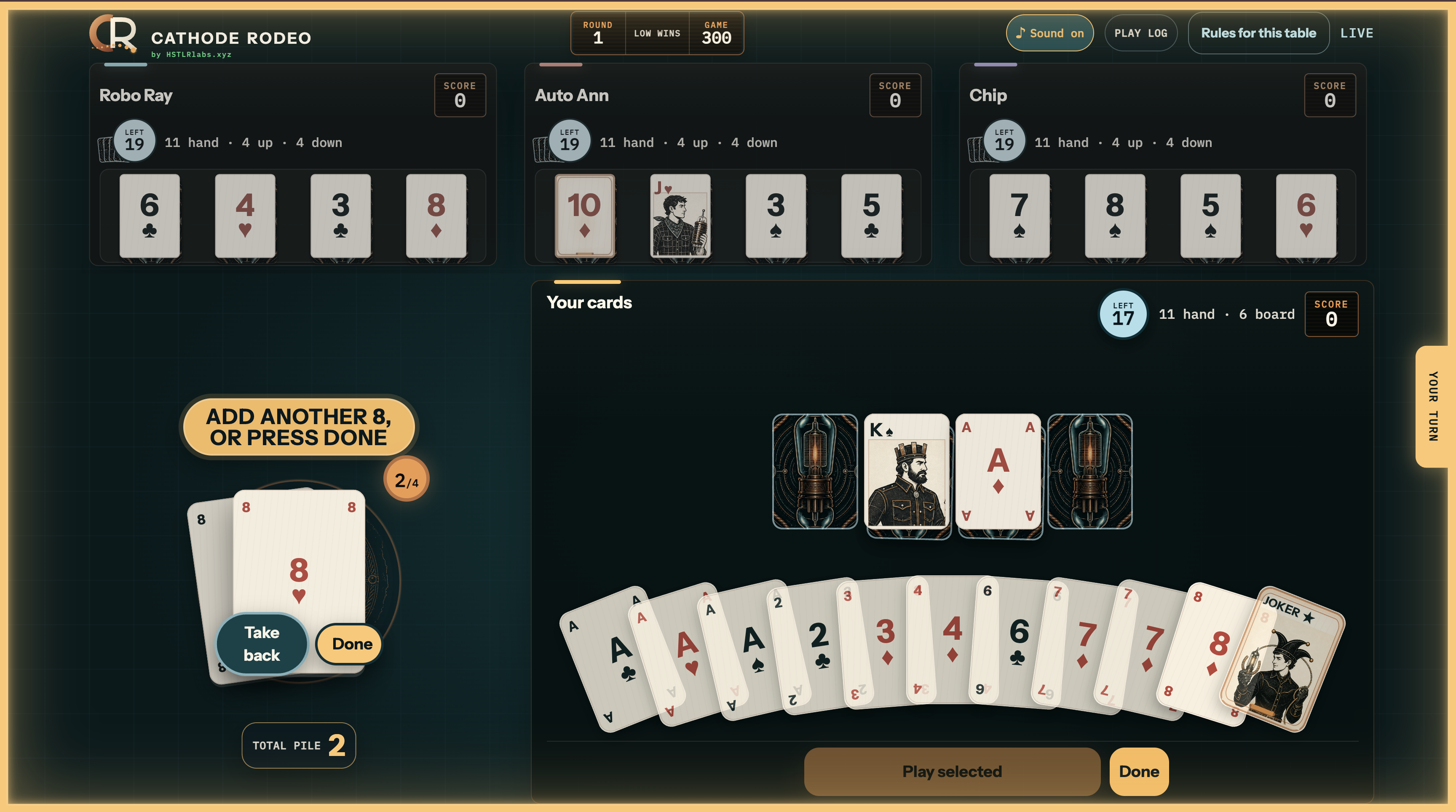 A live Cathode Rodeo gameplay table showing player cards, custom vacuum-tube card art, staged matching-rank play, and bot opponents.