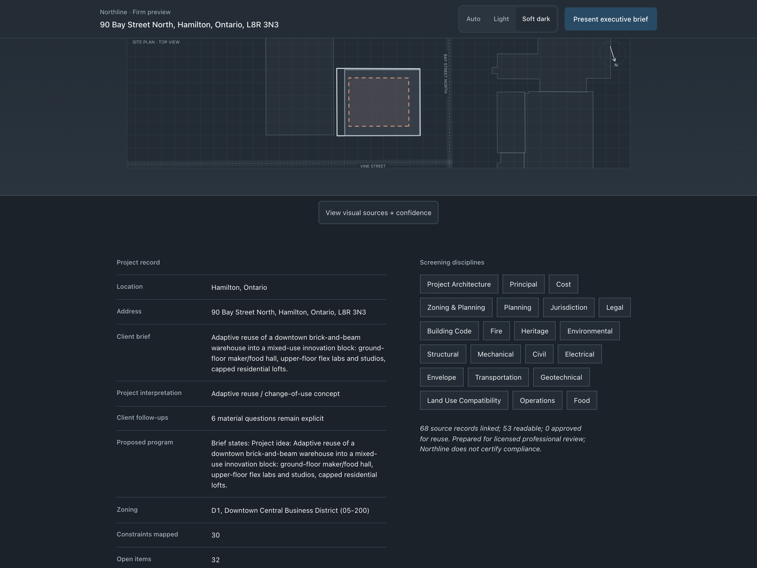 A feasibility readout headed Principal decision required, listing the main concerns, the immediate actions, and a trust boundary stating the record is useful for principal review and not for pursuit or permit authorization, over 86 live and reachable sources.
