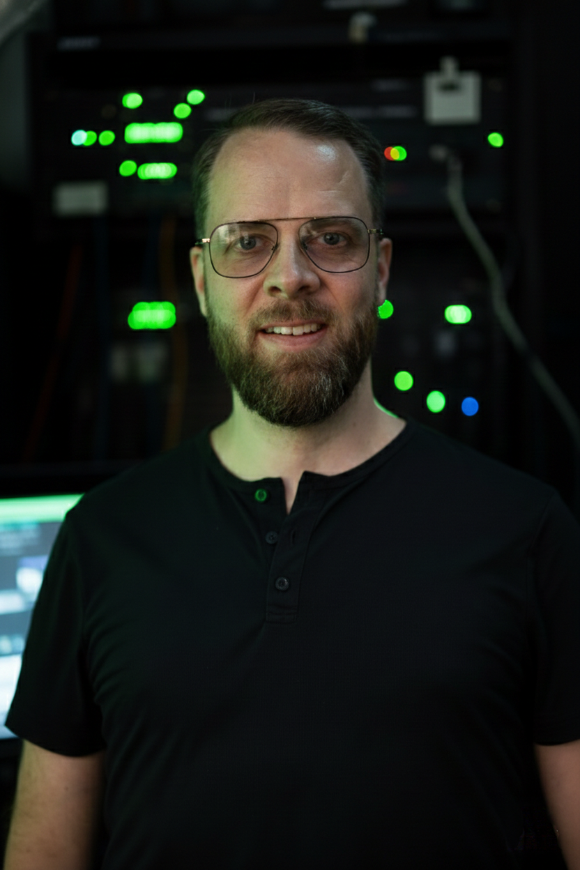 David in front of a live equipment rack. Phosphor green rack lights, single amber and red and blue pips, graphite background.